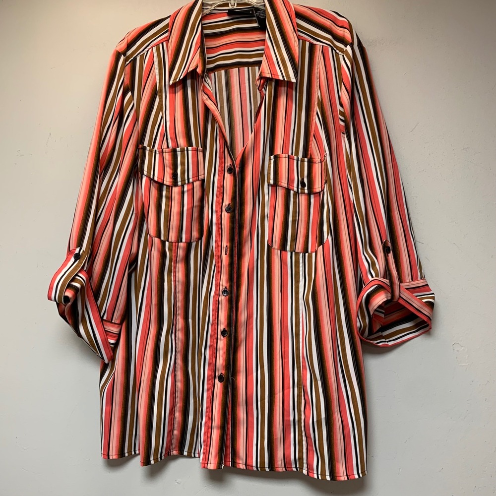 Maggie Barnes Button Down Women 3X Coral Brown Striped Excellent Roll Tab 15146